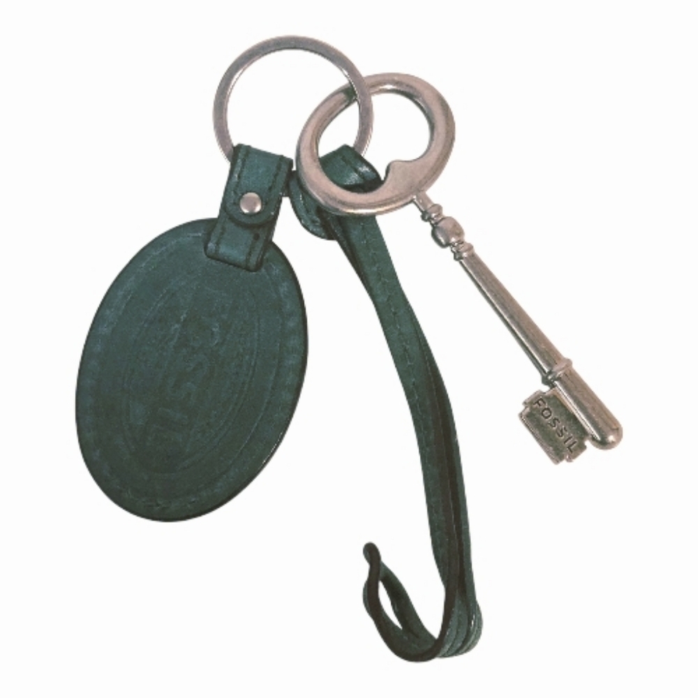 Vintage Fossil Green Turquoise Oval Leather Silver Tone Key Lock Bag Charm Fob